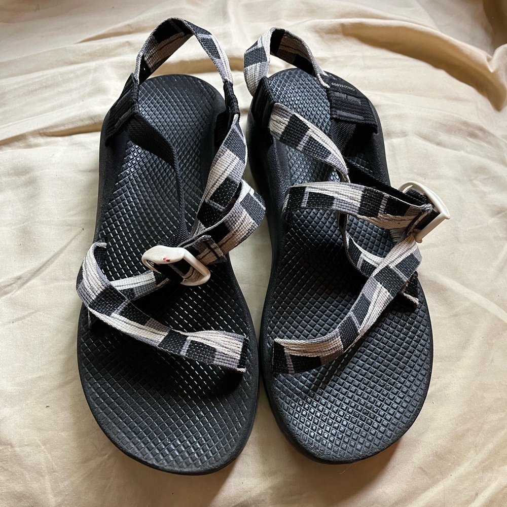 Chaco Black Sandals with White/Gray Patterned Straps